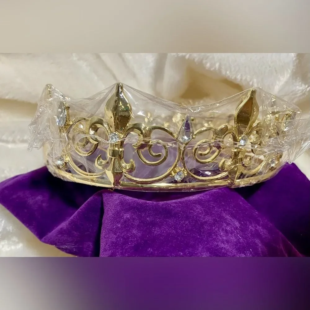 Gold tone crown with rhinestones, matching hair clips, and storage bag NWT